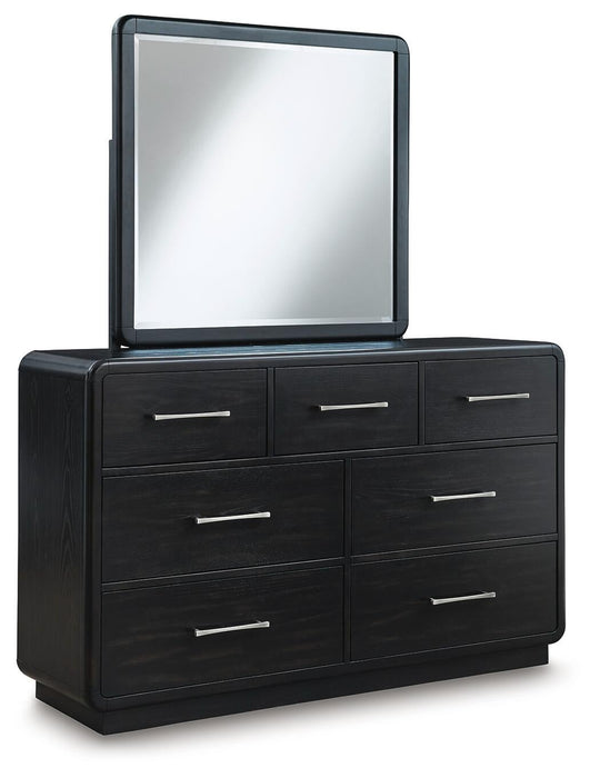 Rowanbeck King Upholstered Panel Bed with Mirrored Dresser - alternate view 2