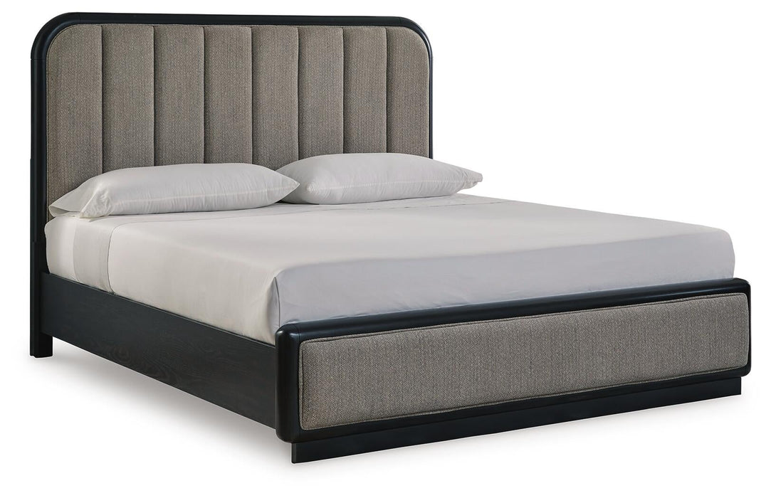 Rowanbeck King Upholstered Panel Bed with Mirrored Dresser - alternate view 4