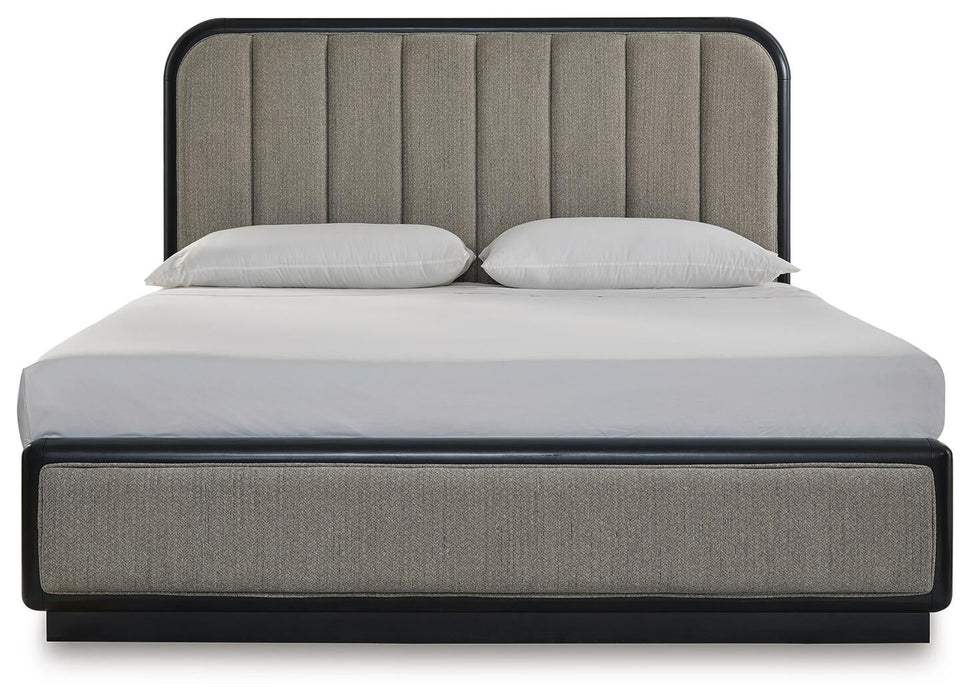 Rowanbeck King Upholstered Panel Bed with Mirrored Dresser - alternate view 6