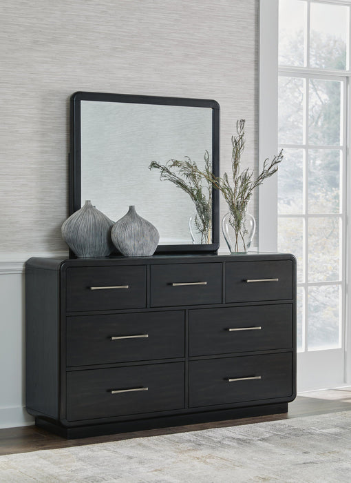 Rowanbeck King Upholstered Panel Bed with Mirrored Dresser - alternate view 7