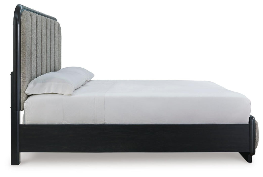 Rowanbeck King Upholstered Panel Bed with Mirrored Dresser - alternate view 11