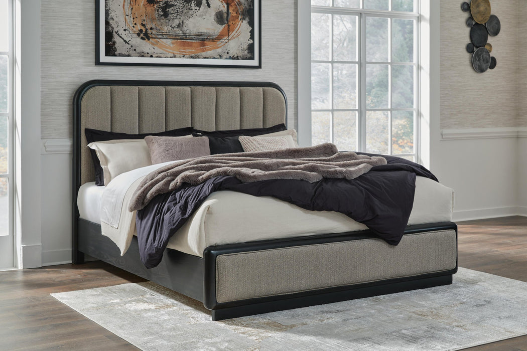 Rowanbeck King Upholstered Panel Bed with Mirrored Dresser - alternate view 10