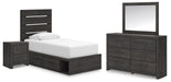 Delmorta Twin Panel Bed with Storage, Dresser, Mirror and Nightstand