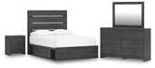 Delmorta Full Panel Bed with Storage, Dresser, Mirror and Nightstand