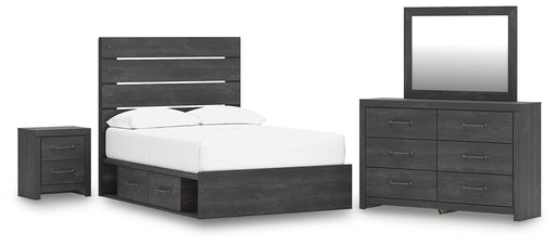 Delmorta Full Panel Bed with Storage, Dresser, Mirror and Nightstand