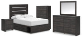 Delmorta Full Panel Bed with Storage, Dresser, Mirror, Chest and Nightstand