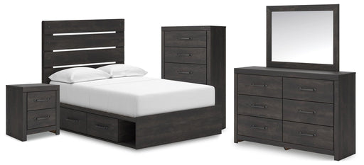 Delmorta Full Panel Bed with Storage, Dresser, Mirror, Chest and Nightstand