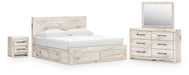 Lawroy King Panel Storage Bed, Dresser, Mirror and Nightstand