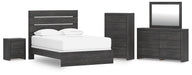 Delmorta Queen Panel Bed, Dresser, Mirror, Chest and Nightstand