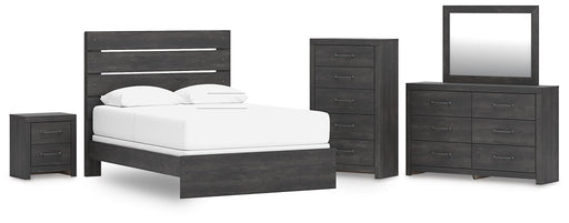Delmorta Queen Panel Bed, Dresser, Mirror, Chest and Nightstand