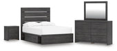 Delmorta Full Panel Storage Bed, Dresser, Mirror and Nightstand