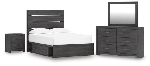 Delmorta Full Panel Storage Bed, Dresser, Mirror and Nightstand
