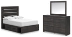 Delmorta Full Panel Storage Bed, Dresser and Mirror