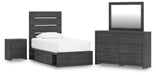 Delmorta Twin Panel Storage Bed, Dresser, Mirror and Nightstand