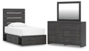 Delmorta Twin Panel Storage Bed, Dresser and Mirror