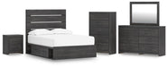 Delmorta Full Panel Storage Bed, Dresser, Mirror, Chest and Nightstand