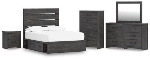 Delmorta Full Panel Storage Bed, Dresser, Mirror, Chest and Nightstand