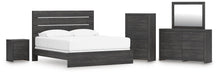 Delmorta King Panel Bed, Dresser, Mirror, Chest and Nightstand