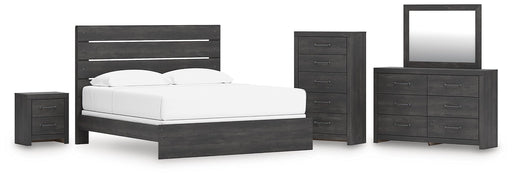 Delmorta King Panel Bed, Dresser, Mirror, Chest and Nightstand