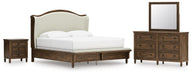 Sturlayne King Upholstered Panel Bed, Dresser, Mirror and Nightstand