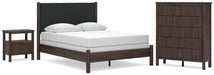 Cadmori Queen Upholstered Panel Bed, Dresser, Mirror and Nightstand