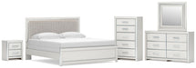 Birmonton King Upholstered Panel Bed, Dresser, Mirror, Chest and Nightstand