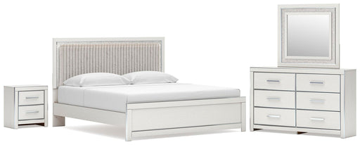 Birmonton King Upholstered Panel Platform Bed, Dresser, Mirror and Nightstand