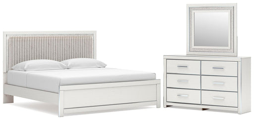 Birmonton King Upholstered Panel Platform Bed, Dresser and Mirror
