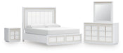 Chalanna California King Upholstered Storage Bed, Dresser, Mirror and Nightstand