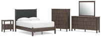 Cadmori Full Upholstered Panel Platform Bed, Dresser, Mirror, Chest and Nightstand