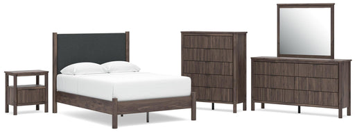 Cadmori Full Upholstered Panel Platform Bed, Dresser, Mirror, Chest and Nightstand