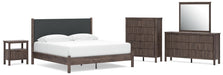 Cadmori King Upholstered Panel Platform Bed, Dresser, Mirror, Chest and Nightstand