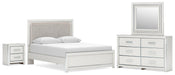 Birmonton Queen Upholstered Panel Platform Bed, Dresser, Mirror and Nightstand