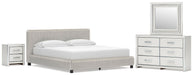 Birmonton California King Upholstered Bed, Dresser, Mirror and Nightstand