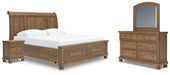 Vandenmore King Storage Sleigh Bed with Mirrored Dresser and Nightstand