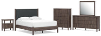 Cadmori Queen Upholstered Panel Platform Bed, Dresser, Mirror, Chest and Nightstand
