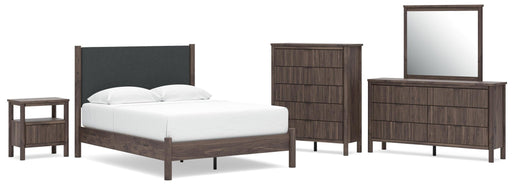 Cadmori Queen Upholstered Panel Platform Bed, Dresser, Mirror, Chest and Nightstand