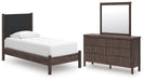 Cadmori Twin Upholstered Panel Platform Bed, Dresser and Mirror