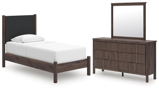 Cadmori Twin Upholstered Panel Platform Bed, Dresser and Mirror