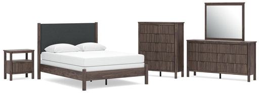Cadmori Queen Upholstered Panel Bed, Dresser, Mirror, Chest and Nightstand