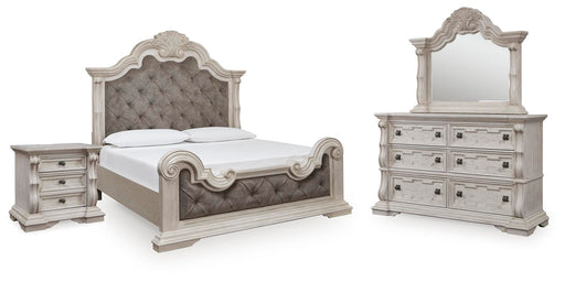 Andonhall King Upholstered Panel Bed with Mirrored Dresser and Nightstand