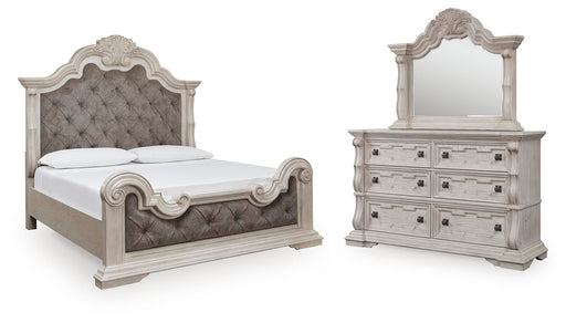 Andonhall King Upholstered Panel Bed with Mirrored Dresser